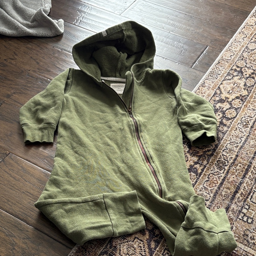 Kids Olive Green Hooded Zip-Front romper